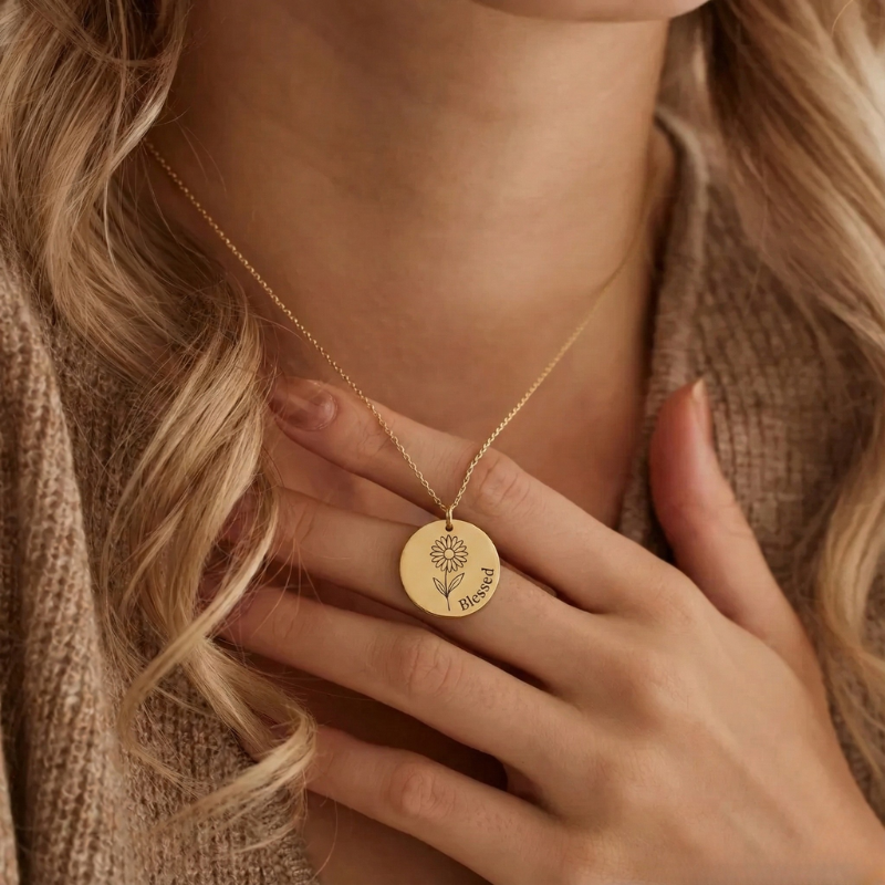 Birth Flower Engraved Necklace