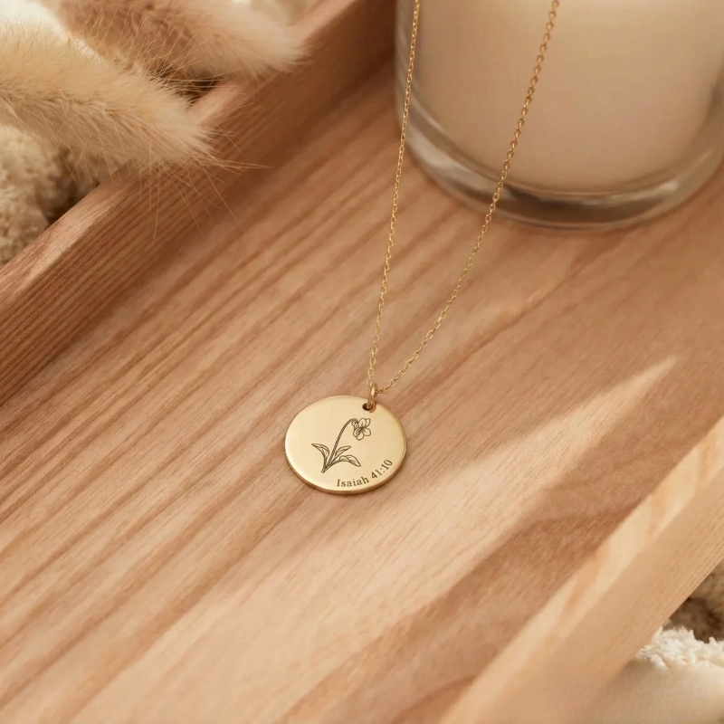 Birth Flower Engraved Necklace