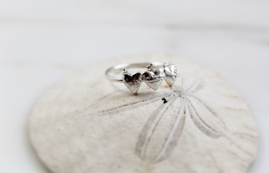 Sacred Hearts of the Holy Family Ring in Sterling Silver